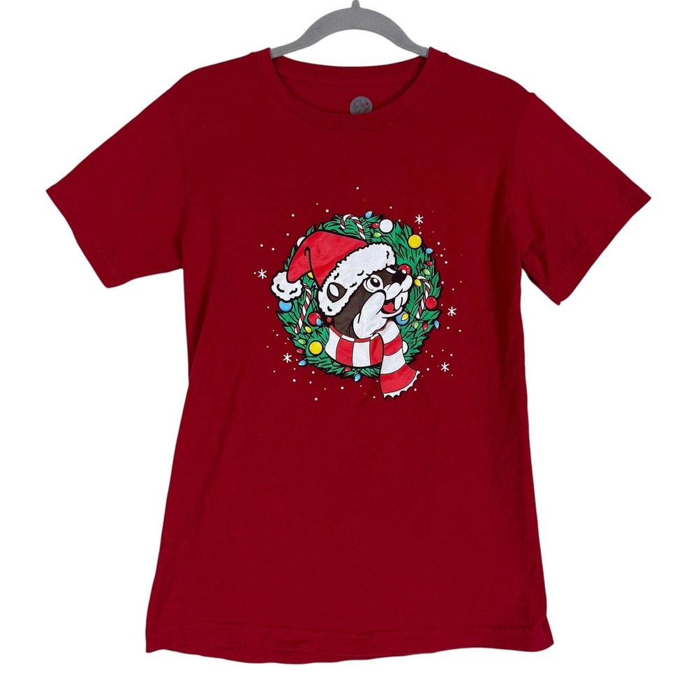 Buc-ee's Shirt Mens Small Red Never Calm Always Bright Christmas Tee Back Print